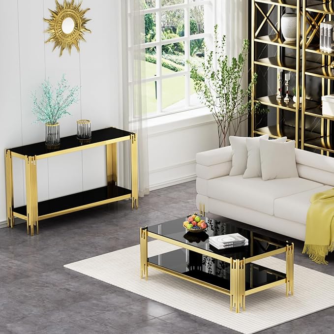 Glass Gold Coffee Table Set of 2,Modern Rectangle Coffee Table and Console Table w/Storage,Glass Coffee Table Set with Steel Frame,2 Pieces Living Room Table Set for Apartment Home Office