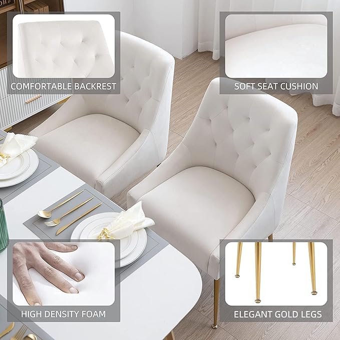 Modern Dining Chairs Set of 6, Mid Century Chairs with 5.12” Cushions and Golden Legs, Velvet Upholstered Dining Chairs with Back Pull Rod, for Kitchen, Living Room, Beige