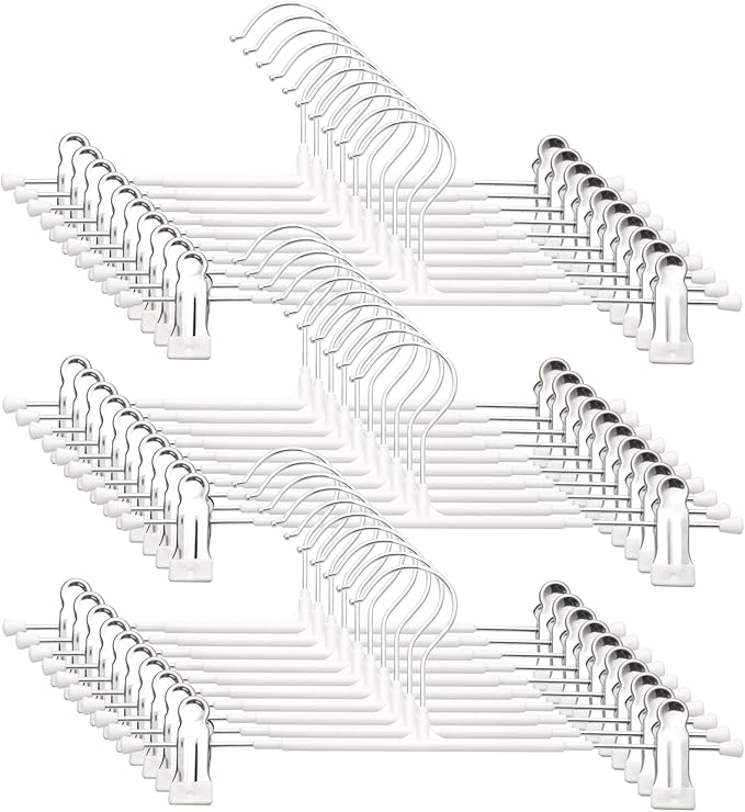 Pants Hangers with Clips - 30 Pack Heavy Duty, Non-Slip Adjustable Space Saving Skirt Hangers for Pants, Jeans, Shorts | White | 12 Inch