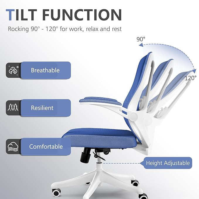 Office Chair,Ergonomic Comfy Home Desk Chair with 350LBS Capacity,High Back Gaming Chair with Wheels,Mesh Computer Chair,Lumbar Support, Adjustable Headrest,Flip-up Armrest (01Blue)