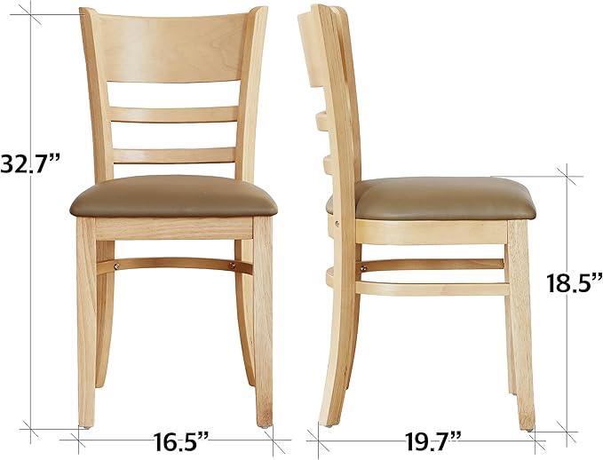 Livinia Cabin Dining Chair Set of 2, Solid Malaysian Oak PU Leather Upholstered Cushion Seat Wooden Ladder Back Side Chairs (Natural-Oak) Assembly Required
