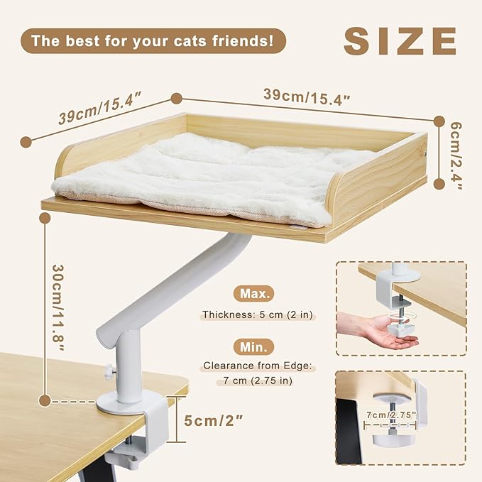 PAWZ Road Cat Desk Bed, Wooden Cat Bed for Desk Supports Up to 50 lbs, 360° Rotation & Adjustable, Nest Desktop Attachment Cats Hammock for Table, Beige