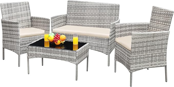 Greesum Patio Furniture 4 Pieces Conversation Sets Outdoor Wickerr Rattan Chairs Garden Backyard Balcony Porch Poolside loveseat with Soft Cushion and Glass Table, Gray and Beige