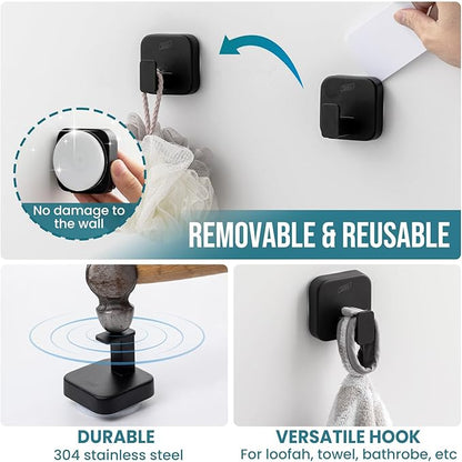TAILI Thickened 304 Stainless Steel Bathroom Suction Hook for Towel, Loofah, Bathrobe, Patented Strong Suction Cup Holder, Damage-Free Hanging Glass Shower Wall Hook, Hold Up to 11 Lbs, 2 Pack, Black