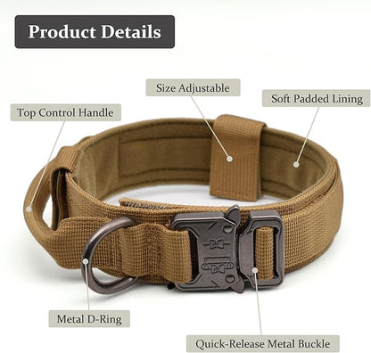 Tactical Dog Collar, Adjustable Military Training Nylon Dog Collar with Control Handle and Heavy Quick-Release Metal Buckle for Small Medium Large Dogs, Brown XXL