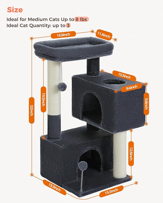 32" Cat Tree Tower for Indoor Cats - 2 Cozy Condos, Multi-Level Cat Scratching Posts with Sisal, Soft Padded Perch, 2 Dangling Toys, Dark Grey