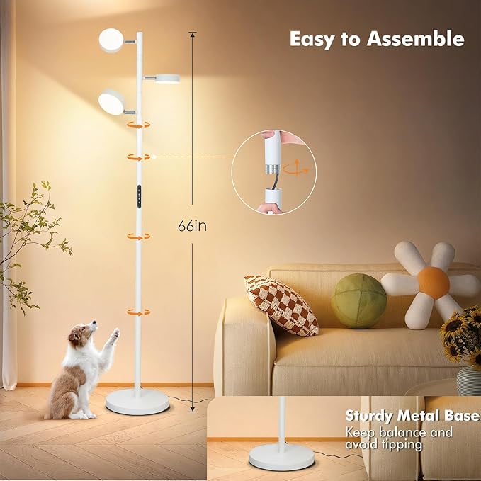 Tree Floor Lamp for Living Room - Modern White Standing Lamp, LED Floor Light with Remote & Touch, 3000K-6000K Dimmable for Bedroom Office Reading (3 Head)