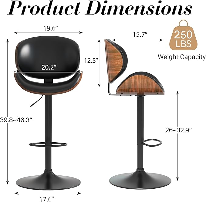 Adjustable Swivel Bar Stools 1 PC, Modern Bentwood Barstool with Large Metal Base and Footrest, PU Leather Upholstered Bar Chair with Curved Back for Kitchen Island Dining Room, Black