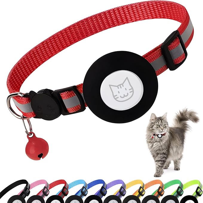 Airtag Cat Collar with Bell, Reflective Nylon Kitten Collar with Apple Air Tag Holder and Breakaway Safety Buckle for Puppy Girl Boy Cats, 3/8" in Width and Lightweight, Red