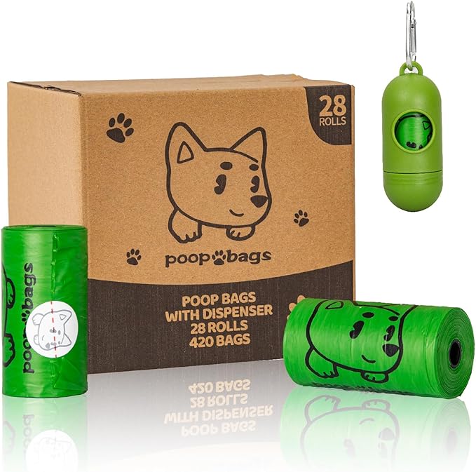 420 Counts Dog Poop Bags Rolls with Dispenser & Leash Clip, Scented Poop Bags for Dogs Waste, Extra Thick & Leak Proof for Poop Doggie Puppy Pet Waste, 9" x 13", Green