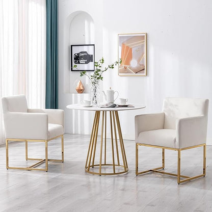 Upholstered Dining Chairs with Arms Set of 2 Mid Century Modern Accent Chairs Armchairs with Gold Metal Frame, Velvet Modern Kitchen & Dining Room Chairs, Cream