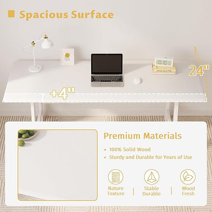 IOTXY Solid Wood Writing Table - 60" W x 24" D Minimalist Computer Desk for Home Office, Work, Study, Creativity, and PC Workstation, White