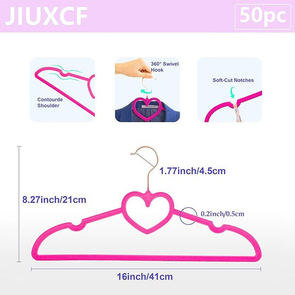 Hot Pink Velvet Hangers 50 Pack, Premium Non-Slip Heart Hanger, 360° Swivel Rose Gold Hooks, Space Saving Slim Hanger, Durable & Cute Clothes Hanger for Adult