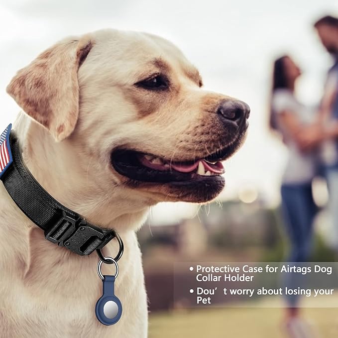 DAGANXI Tactical Dog Collar Leash Set, Adjustable Military Training Nylon Dog Collar with Controll Handle and Heavy Metal Buckle for Medium and Large Dogs，with Patches and Airtags Case (L, Black-Set)
