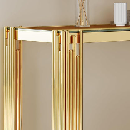 Goujxcy Modern Glass Console Table 55" Gold Entryway Table with Tempered Glass Top and Mirror Finish Stainless Steel Legs, Luxury Rectangular Sofa Table for Living Room Hallway Corridor Table (Gold)