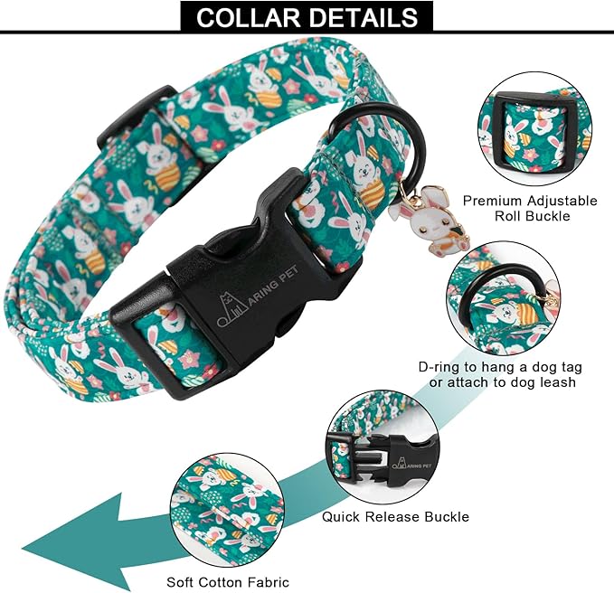 ARING PET Easter Dog Collar-Cute Green Easter Eggs Dog Collar, Adjustable Carrot&Rabbit Pet Collars Puppy Collar Gifts with Quick Release Buckle for Girl&Boy Dogs