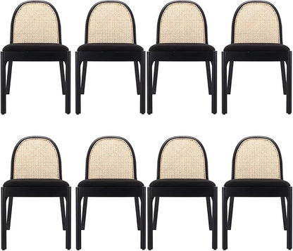 LukeAlon Modern Sherpa Dining Chairs Set of 8, Natural Woven Rattan Cane Back Side Chairs with Solid Wood Legs Mid Century Dinner Chairs for Kitchen Living Room, Black