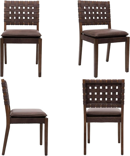 Woven Faux Leather Dining Chairs Set of 4, Farmhouse Upholstered Kitchen Chairs with Wooden Legs Armless Accent Side Chairs for Dining Room/Restaurant, Brown