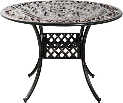 42" Round Cast Aluminum Patio Table with 4-6 Person,Outdoor Patio Dining Table with 1.7" Umbrella Hole,Metal Patio Table for Garden,Porch,Yard,Bronze
