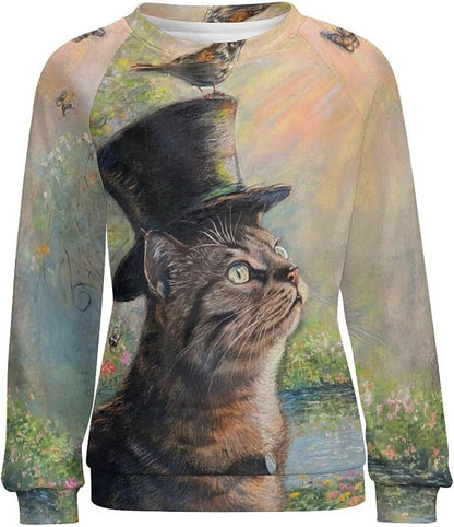 Long Sleeve Shirts for Women Cat Oil Painting Shirt 3D Graphic Sweatshirts Fall Pullover Crewneck Vintage Boho Tops