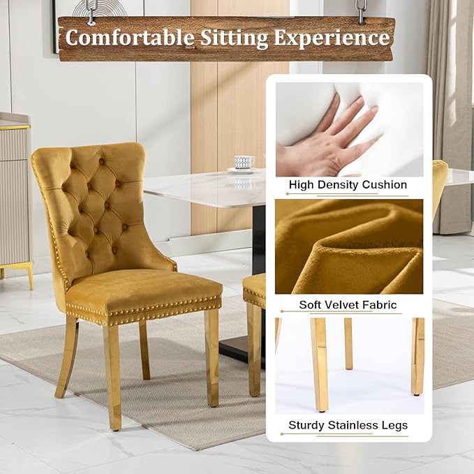 Goujxcy Glass Dining Table Set for 4, Modern Kitchen Table and Chairs Set of 4, 5-Piece Kitchen Dining Room Table Set w/61 Glass Gold Dining Table and 4 Yellow Velvet Upholstered Chairs