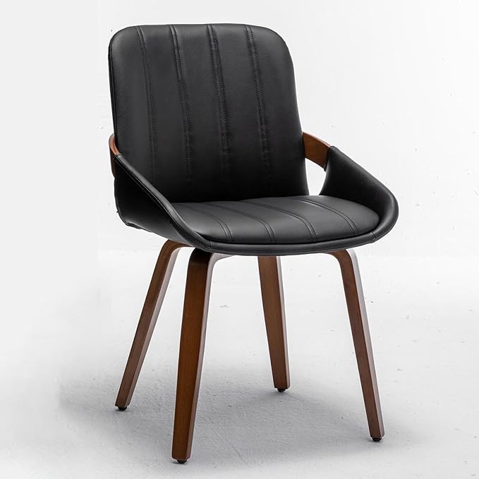 Mid Century Modern Faux Leather Upholstered Dining Chairs,Armless Accent Chairs with Sturdy Natural Wood Legs,Bamboo Backrest Support for Kitchen&Dining Room Chairs(1PCS,Black)