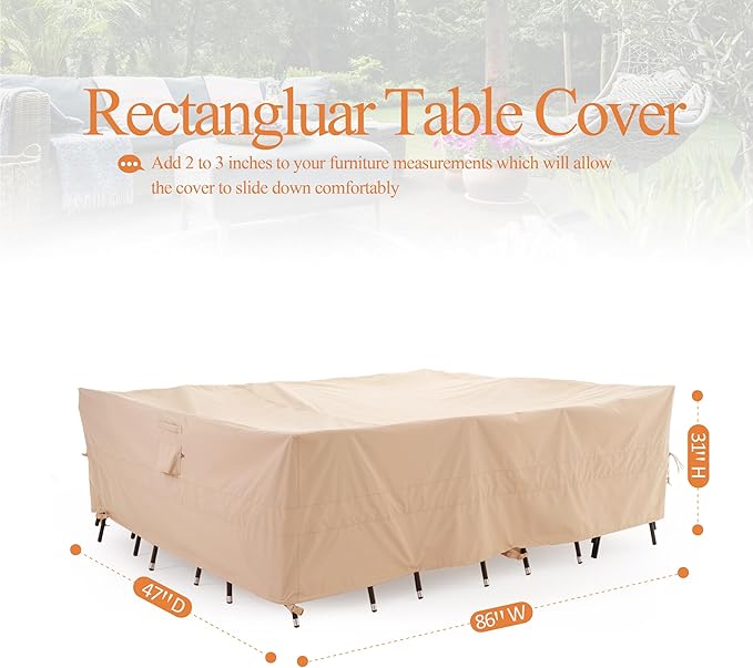 WJ-X3 Dining Set Cover 86W x 47D x 31H Inch, Heavy Duty Patio Table Cover, Outdoor Furniture Cover Waterproof, Rectangle Table and Chairs Set Covers High Wind Resistant, Anti-Fading, Beige