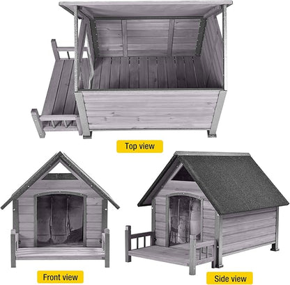 Dog House Outdoor,Dog Kennel Outside for Large Breed, Weatherproof Large Dog Shelter with Anti-Chewing Iron Frame (Grey-N, 45" D x 32.9" W x 32.6" H)