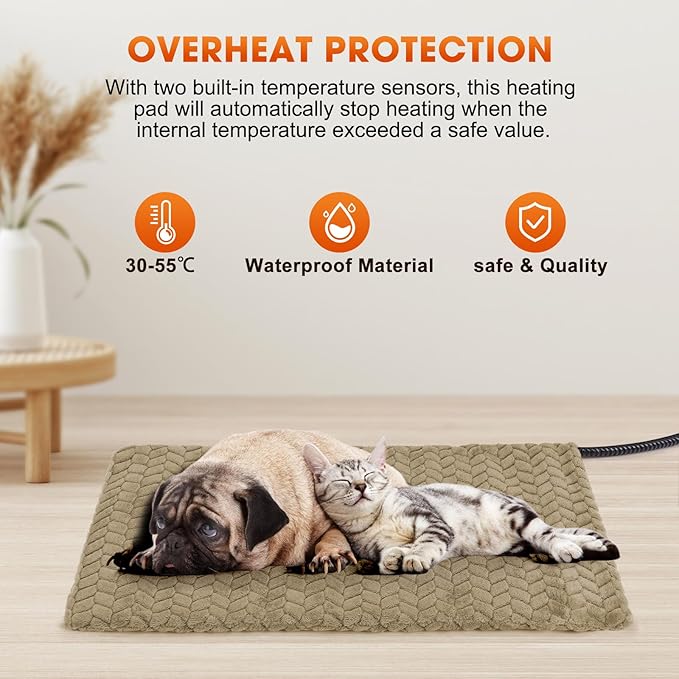 GASUR Heated Dog Bed, Waterproof Electric Dog Cat Heating Pad with Timer, Temperature Adjustable Heated Cat Bed for Winter, Auto Power-Off, Anti-bite Heating Pad for Dogs Cats-35''x24'', Large
