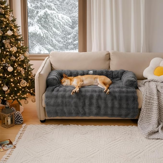 FUNNY FUZZY Pet Fluffy Plush Calming Dog Couch Bed Sofa Protector Washable Pets Mat for Large Medium Small Dogs and Cats (Grey,47.24 × 37.4 × 6.3 in)