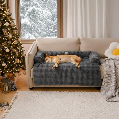 FUNNY FUZZY Pet Fluffy Plush Calming Dog Couch Bed Sofa Protector Washable Pets Mat for Large Medium Small Dogs and Cats (Grey,47.24 × 37.4 × 6.3 in)