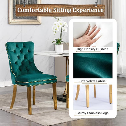 Goujxcy Small Round Dining Table Set for 4, Modern Glass Kitchen Table Chairs Set of 4, 5-Piece Dining Table Set w/36 Circle Gold Glass Dining Room Table and 4 Green Upholstered Dining Chairs