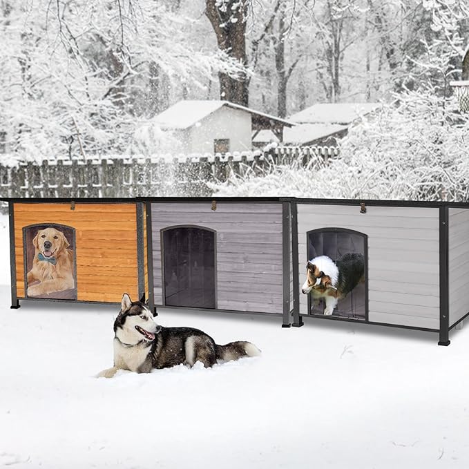 Aivituvin Dog House Outdoor & Indoor Wooden Dog Kennel for Winter with Raised Feet Weatherproof for Small & Medium & Large Dogs,Unique All-Around Iron Frame (Brown, M)
