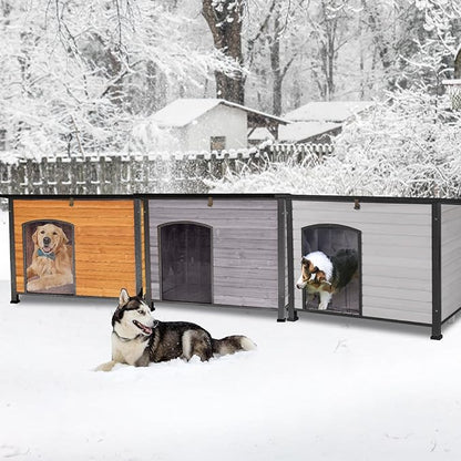 Aivituvin Dog House Outdoor & Indoor Wooden Dog Kennel for Winter with Raised Feet Weatherproof for Small & Medium & Large Dogs,Unique All-Around Iron Frame (Brown, M)