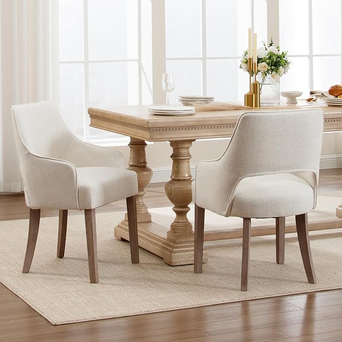 Linen Dining Chairs Set of 4 Upholstered Accent Chairs Side Chair with Wood Legs for Living Room/Dining Room/Bedroom/Restaurant, Upgraded Size, Cream