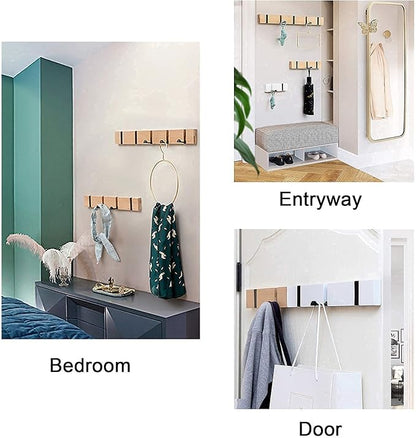 Wall Mounted Coat Rack with Foldable Hooks - Modern Space-Saving Wooden Entryway Organizer for Coats, Bags, Hats, Keys (4 Hooks, Natural Finish