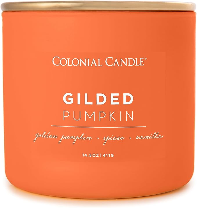 Colonial Candle Gilded Pumpkin Scented Jar Candle, Pop of Color Collection, 3 Wick, Orange, 14.5 oz - Up to 60 Hours Burn
