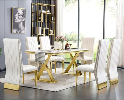 AUZ White Leather Dining Chairs Set of 6, Luxury White and Gold Upholstered Dining Room Chairs with Nailhead Trim, Modern Dining Chair with Polished Gold Metal Legs