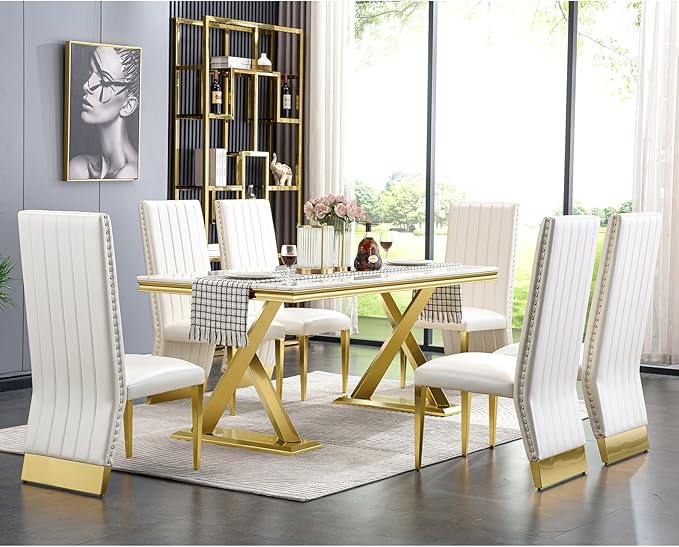 AUZ White Leather Dining Chairs Set of 4, Glam White and Gold Dining Room Chairs with Gold Legs and Nail Head Trims