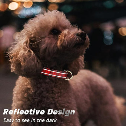Reflective Dog Collar for Small Dogs, Cute Boho Adjustable Heavy-Duty Nylon Puppy Collar for Boy and Girl Female, Soft Pet Accessories with Quick Release Buckle, Black Red Tartan