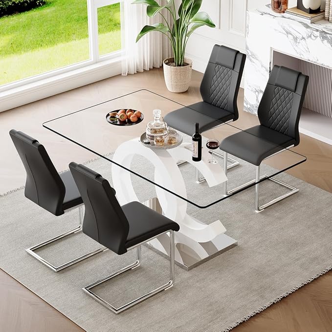 63'' Glass Dining Table Set for 4, Kitchen Table Chairs Set of 4, Clear Glass Dining Table with White unique design Leg and Silver Metal Base, 4 PU Dining Chairs with Metal Legs, Living Room, Kitchen.