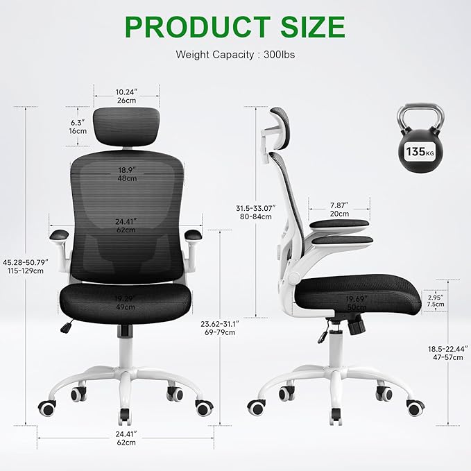 Ergonomic Office Chair with Headrest,Adjustable Back and Lumbar Support, Arm Rest Computer Chair Adults,90-120° Tilt Lock Rolling Swivel,Home Office Task Chair(White-Black)