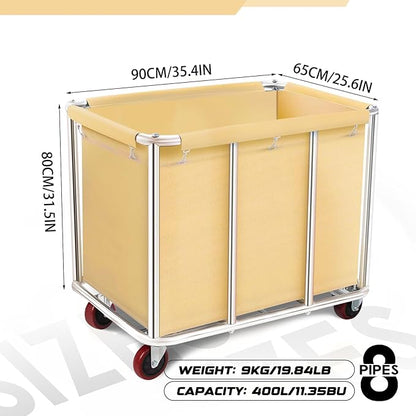 Commercial Laundry Cart with Wheels, 11.35 Bushel Large Laundry Tumbler with Removable Waterproof Canvas Lined Basket, Heavy Duty Stainless Steel Laundry Basket for Hotels and Hospitals