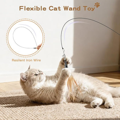 Pawaboo Feather Teaser Cat Toy - Interactive Wand with Extra Long 34.5" Wand and Small Bell, Fun Exerciser Playing Toy for Kittens or Cats, Brown Feather