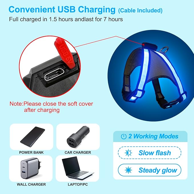 Visinite LED Dog Harness, USB Rechargeable Light Up Dog Vest, 2 Illuminate Modes Glow in The Dark Dog Harness, Adjustable Lighted Pet Harness Light for Night Walking Safety(Blue, XL)