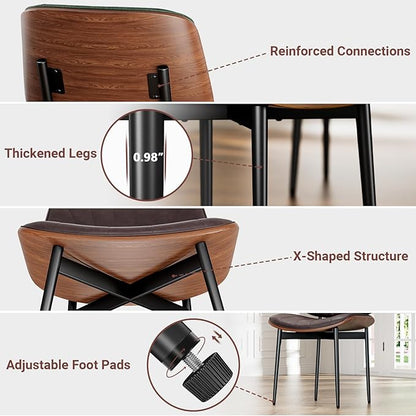 Dining Chairs Set of 8, Dining Room and Kitchen Chairs, Mid Century Modern Accent Chair, Upholstered PU Leather Chairs for Vanity with Walnut Bentwood and Metal Legs, Brown