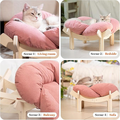 CHEERHOME PETS Elevated Cat Bed Wooden with Cushion Fluffy Pet Couch Sofa for Indoor Cats Raised Kitty Lounge Chair Suitable for Puppy, Cat Furniture(Pink)