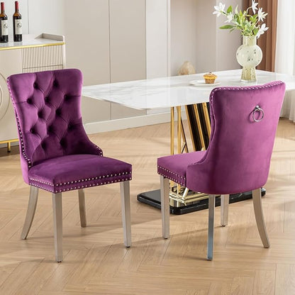 Goujxcy 7 Piece Glass Dining Table Set Modern Glass Dining Table Set for 6, 61" Rectangular Silver Kitchen Table and 6 Velvet Upholstered Chairs, Silver Table & Purple Chair