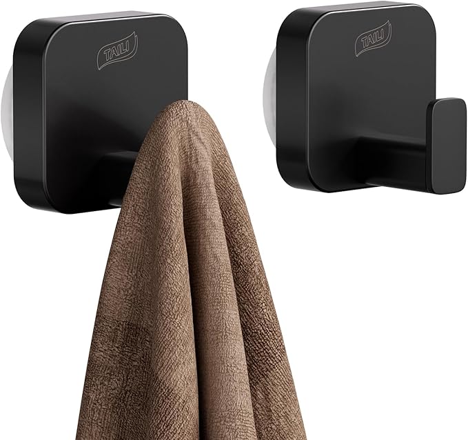 TAILI Thickened 304 Stainless Steel Bathroom Suction Hook for Towel, Loofah, Bathrobe, Patented Strong Suction Cup Holder, Damage-Free Hanging Glass Shower Wall Hook, Hold Up to 11 Lbs, 2 Pack, Black