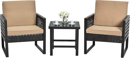 Tangkula 3 Piece Patio Wicker Bistro Set, Outdoor Rattan Sofa, Conversation Furniture w/Coffee Table, Seat and Back Cushions, Garden, Backyard, Balcony, Poolside